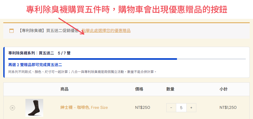 購買教程第三步：購物車出現買五送二的優惠贈品按鈕